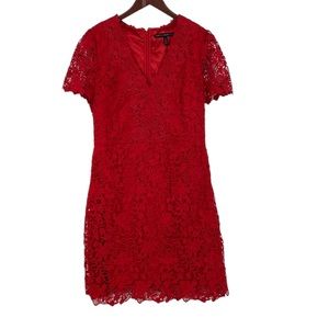 White House Black Market Shirt Dress Women Size 12 Red Floral Lace Short Sleeve